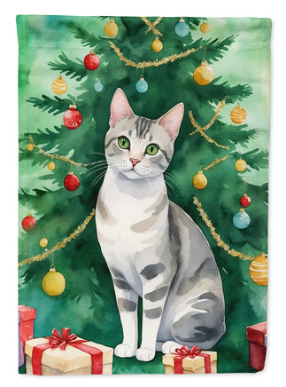 European Shorthair Cat by the Christmas Tree House Flag