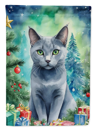 Russian Blue Cat by the Christmas Tree House Flag