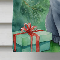 British Shorthair Cat by the Christmas Tree House Flag