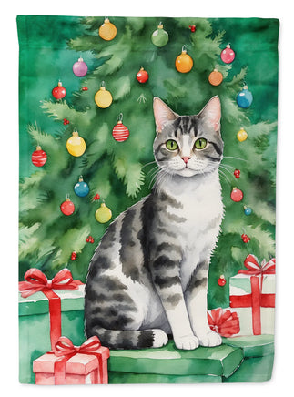 American Wirehair Cat by the Christmas Tree House Flag