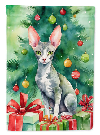 Cornish Rex Cat by the Christmas Tree House Flag