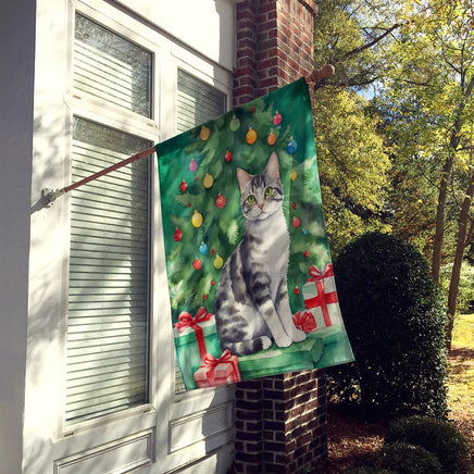 American Wirehair Cat by the Christmas Tree House Flag