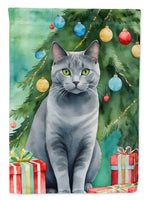 Chartreux Cat by the Christmas Tree House Flag