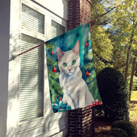 Foreign White Cat by the Christmas Tree House Flag