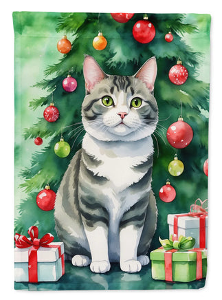 Korean Bobtail Cat by the Christmas Tree House Flag