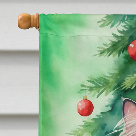 British Longhair Cat by the Christmas Tree House Flag