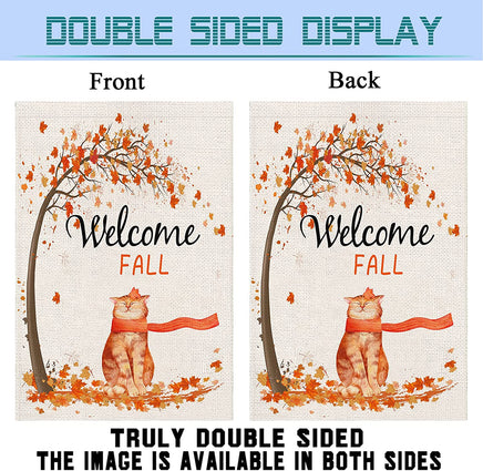 Welcome Fall Garden Flag, Double Sided Rustic Cat Maple Leaves House Flag Small Burlap Porch Sign for Autumn Holiday Home Farmhouse Outdoor 12×18 Inch