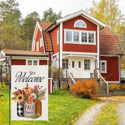 Welcome Fall Garden Flag 12×18 Inch, Floral Thankful Sunflower Vase Garden Flag Double Sided, Autumn Pumpkin Small Yard Flag Decor Thanksgiving Pumpkin Outdoor