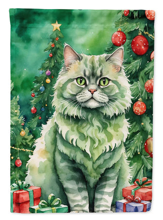 Selkirk Rex Cat by the Christmas Tree House Flag