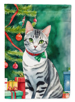 American Shorthair Cat by the Christmas Tree House Flag