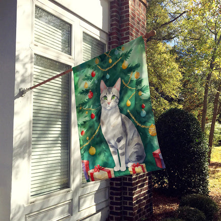 European Shorthair Cat by the Christmas Tree House Flag