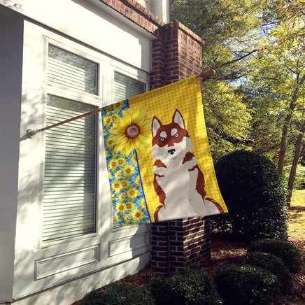 Summer Sunflowers Red Siberian Husky House Flag