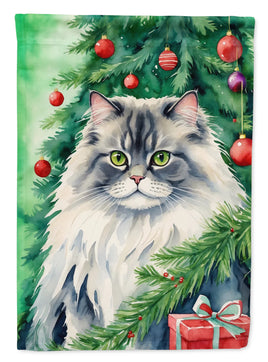 British Longhair Cat by the Christmas Tree House Flag