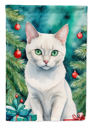 Foreign White Cat by the Christmas Tree House Flag