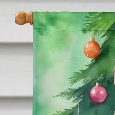 Korean Bobtail Cat by the Christmas Tree House Flag