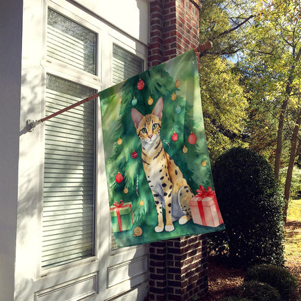 Savannah Cat by the Christmas Tree House Flag