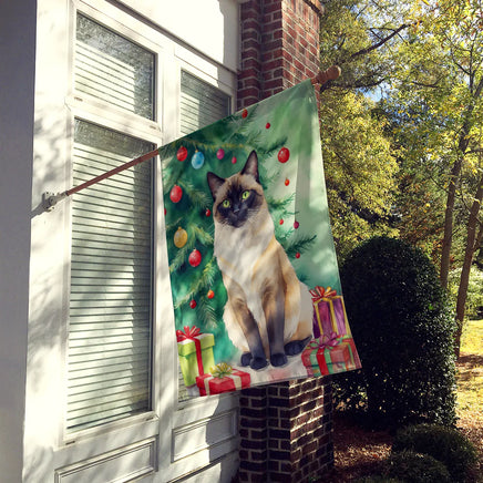 Birman Cat by the Christmas Tree House Flag