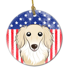 American Flag and Longhair Creme Dachshund Ceramic Ornament BB2142CO1