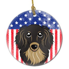 American Flag and Longhair Black and Tan Dachshund Ceramic Ornament BB2143CO1