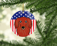 American Flag and Longhair Red Dachshund Ceramic Ornament