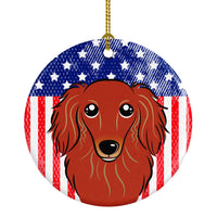 American Flag and Longhair Red Dachshund Ceramic Ornament