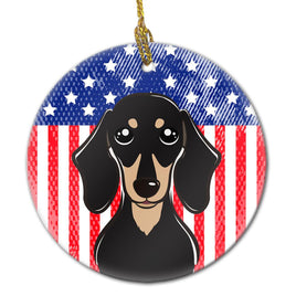 American Flag and Smooth Black and Tan Dachshund Ceramic Ornament BB2145CO1