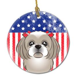 American Flag and Gray Silver Shih Tzu Ceramic Ornament