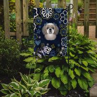 Blue Flowers Gray Silver Shih Tzu Flag Garden Size