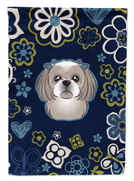 Blue Flowers Gray Silver Shih Tzu Flag Garden Size