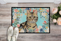 American Shorthair Brown Tabby Spring Flowers Indoor or Outdoor Mat 18x27 CK3387MAT