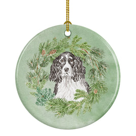 English Springer Spaniel Black and White Christmas Wreath Ceramic Ornament