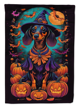 Black and Tan Dachshund Witchy Halloween House Flag