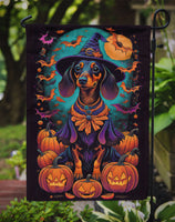 Black and Tan Dachshund Witchy Halloween Garden Flag