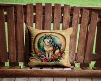 Alaskan Malamute and Flowers Fabric Decorative Pillow