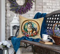 Alaskan Malamute and Flowers Fabric Decorative Pillow