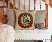 Alaskan Malamute Christmas Flowers Throw Pillow