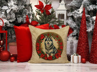 Alaskan Malamute Christmas Flowers Throw Pillow