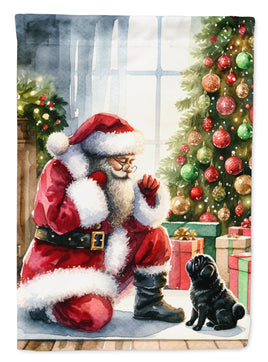 Black Pug and Santa Claus House Flag