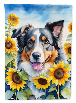 Australian Shepherd in Sunflowers House Flag