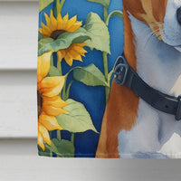 Basenji in Sunflowers House Flag