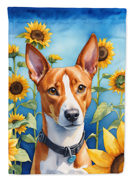 Basenji in Sunflowers House Flag