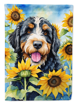 Bernedoodle in Sunflowers House Flag