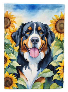 Bernese Mountain Dog in Sunflowers House Flag