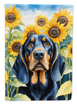 Black and Tan Coonhound in Sunflowers House Flag