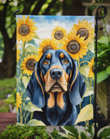 Black and Tan Coonhound in Sunflowers Garden Flag