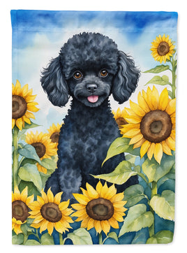 Black Poodle in Sunflowers House Flag