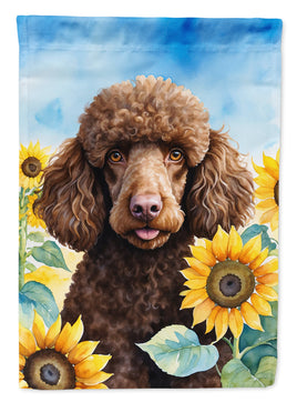 Chocolate Poodle in Sunflowers House Flag