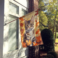 American Bobtail Cat in Fall Leaves House Flag