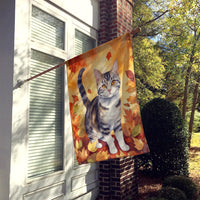 American Wirehair Cat in Fall Leaves House Flag