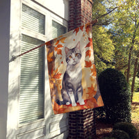 American Wirehair Cat in Fall Leaves House Flag